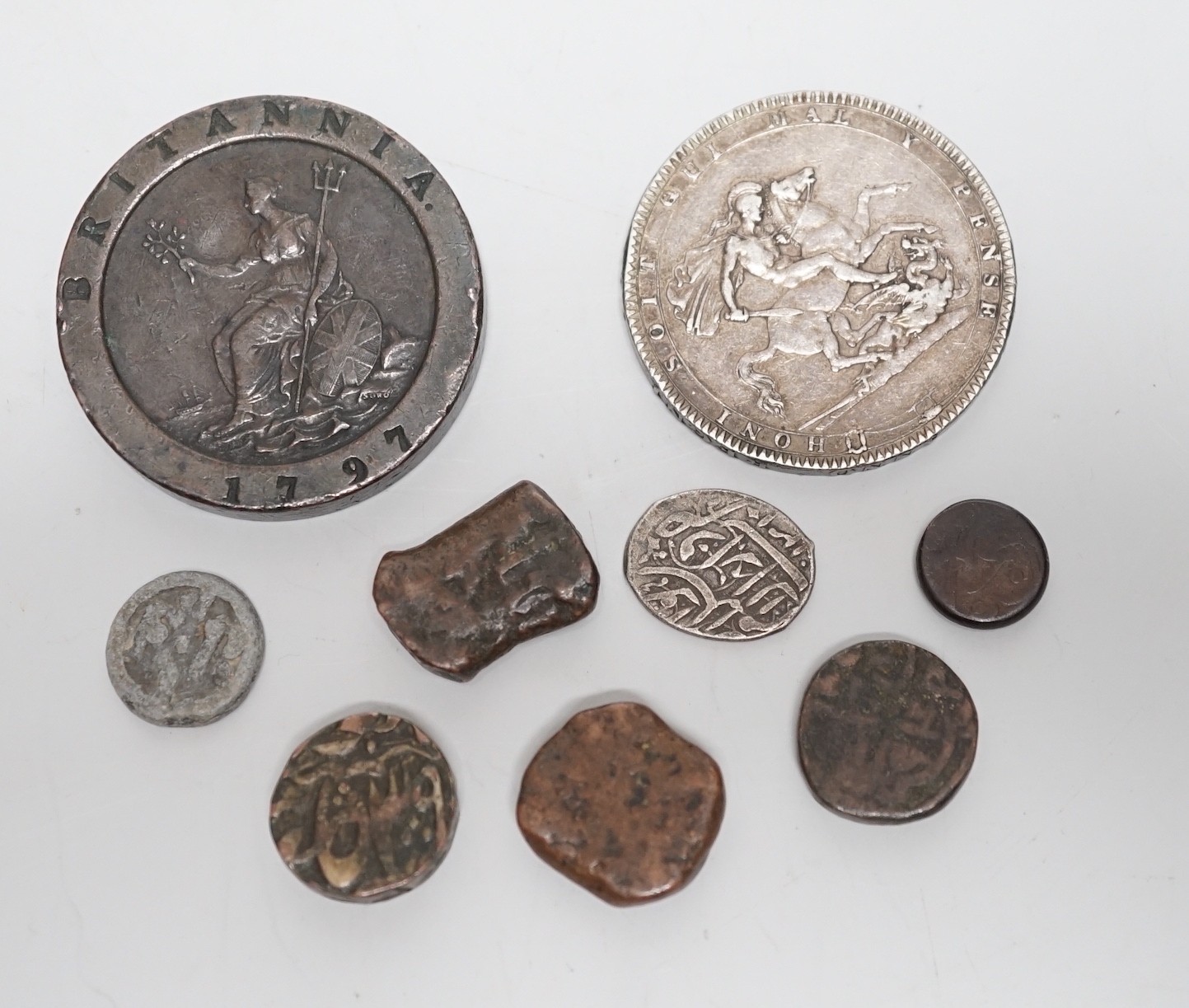 A George III 1797 'cartwheel' 2d, a George III 1819 silver crown and assorted Indian coinage.